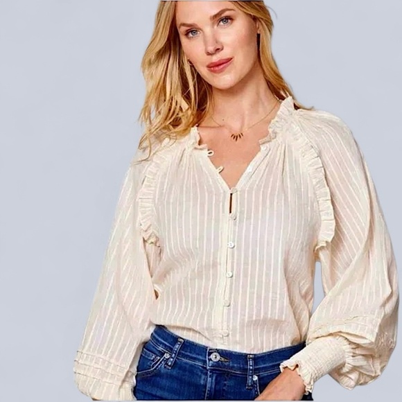 CLEOBELLA Ari Ruffle Lurex Stripe Blouse Cream Button Up Romantic Boho Femme - Picture 3 of 12